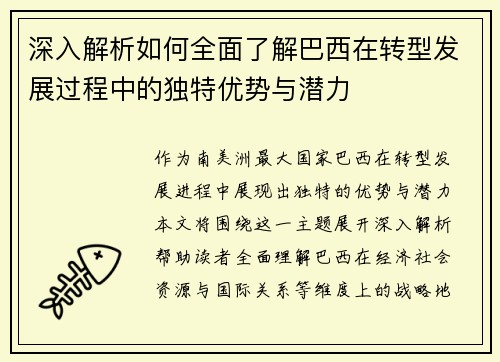深入解析如何全面了解巴西在转型发展过程中的独特优势与潜力